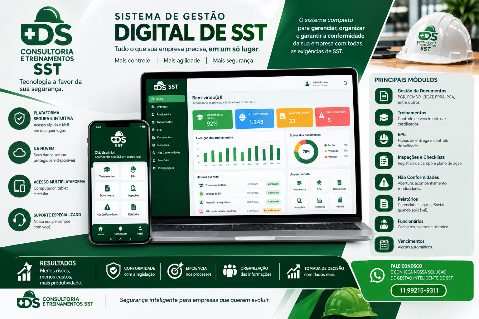 Sistema de gestão digital de SST da DS Consultoria: documentos, treinamentos, EPIs, inspeções, relatórios e vencimentos, com acesso pelo computador e celular.